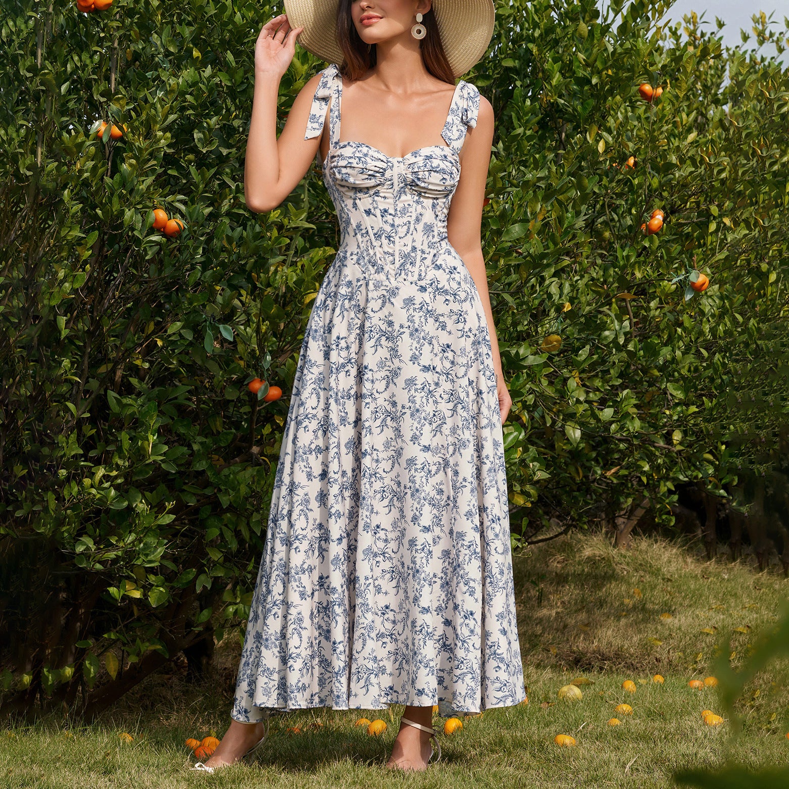 Summer Four Sided Stretch Printing Slip Dress Dignified Goddess Backless Waist Trimming Lace up Boning Corset Dress SUNSHINE