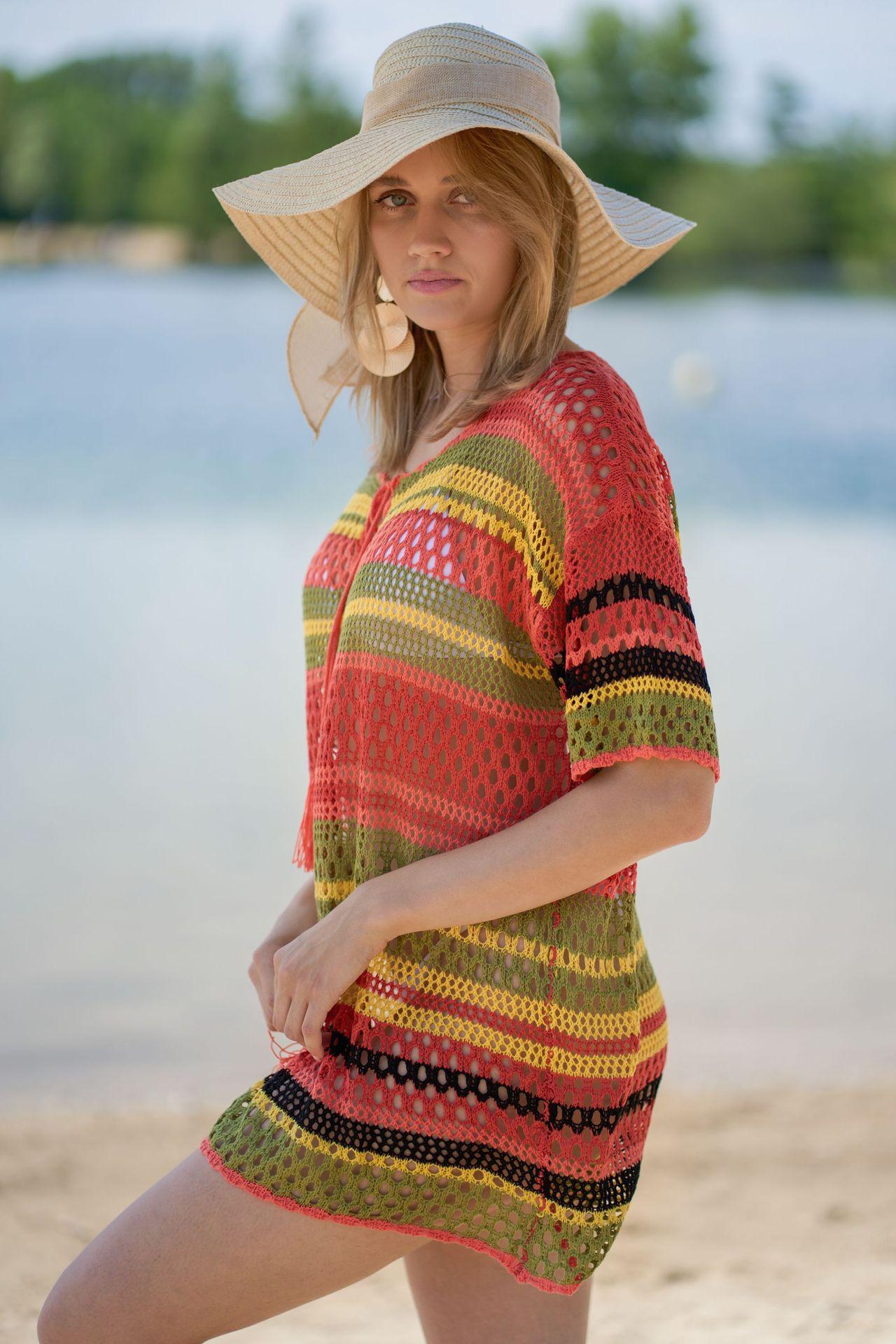 Blusa de bikini de punto con rayas de colores para playa, sexy, con aberturas y protección solar para vacaciones