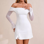 Autumn Winter off Shoulder Mesh Mixed Milk Silk Dress Sexy Backless Flared Long Sleeve Split Short Dress SUNSHINE