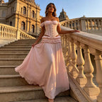 French Lace Tube Top off Shoulder Tied Top Pleated Sexy Skirt Long Skirt Two Piece Set for Women Summer Adore