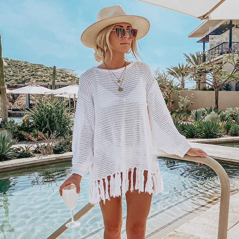Traje de baño de punto con borlas y recortes ahuecados para playa, vacaciones en la playa, bikini, ropa de baño, ropa de protección solar para mujer, gancho de crochet