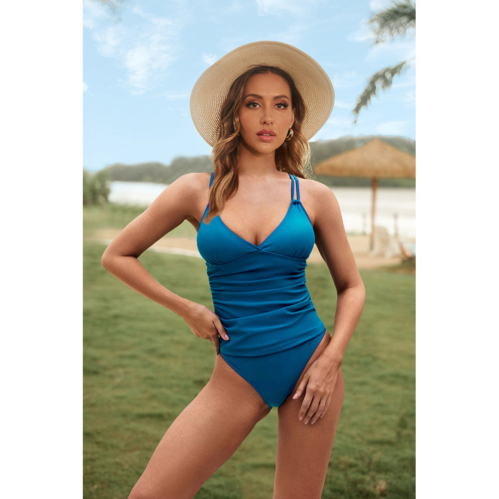 Traje de baño de dos piezas con escote en V y top peplum con tirantes cruzados