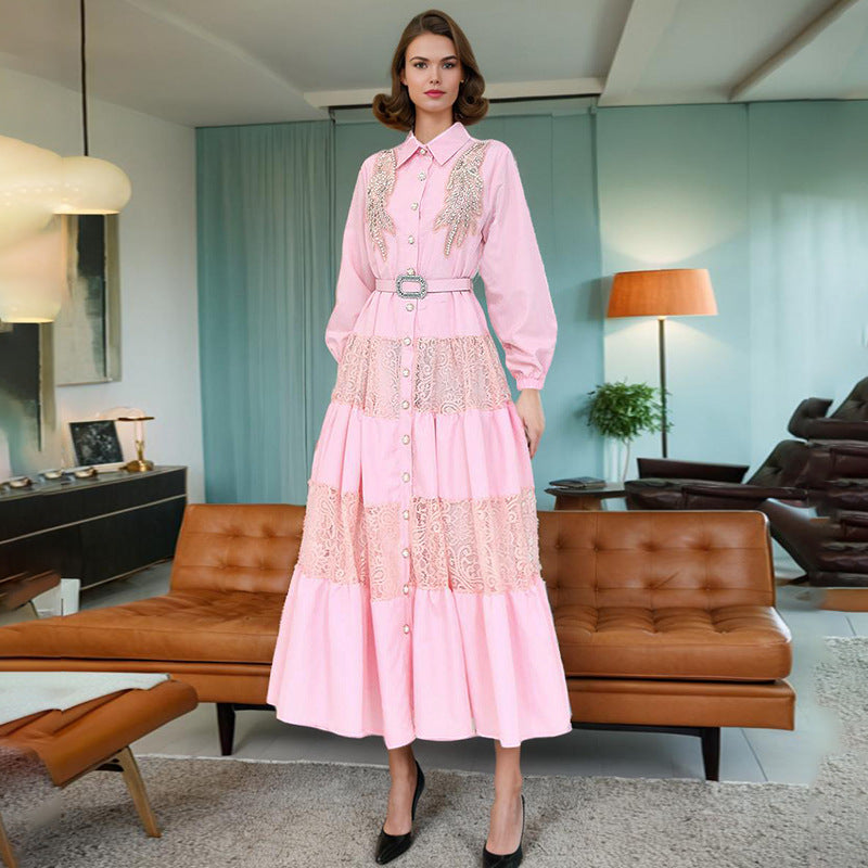 Socialite Elegant Dress Summer Collared Embroidery Water Soluble Floral Patchwork Waist Slimming Maxi Dress for Women BOCAS