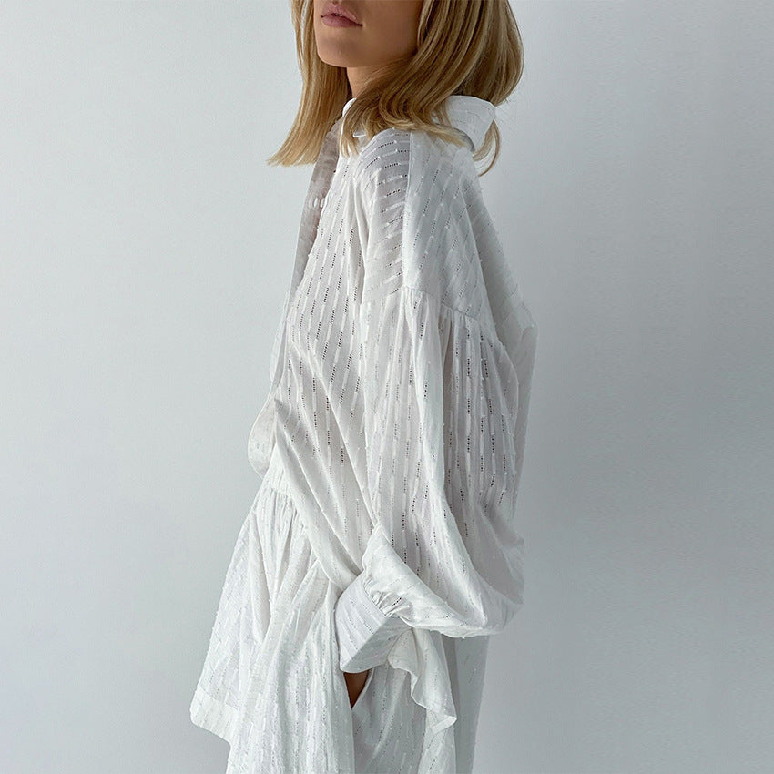 Summer French White Jacquard Cotton Puff Sleeve Casual Shorts Set Ladies Homewear Cool Pajamas Meiyas