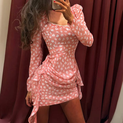 Sexy Floral Dress Women Summer Square Collar Long Sleeve Pleated High Waist Hip Kigali