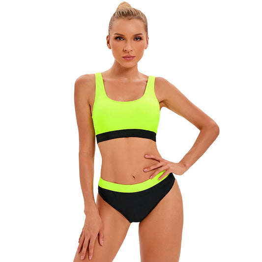 Traje de baño deportivo dividido de color a juego para mujer, bikini conservador sin espalda.