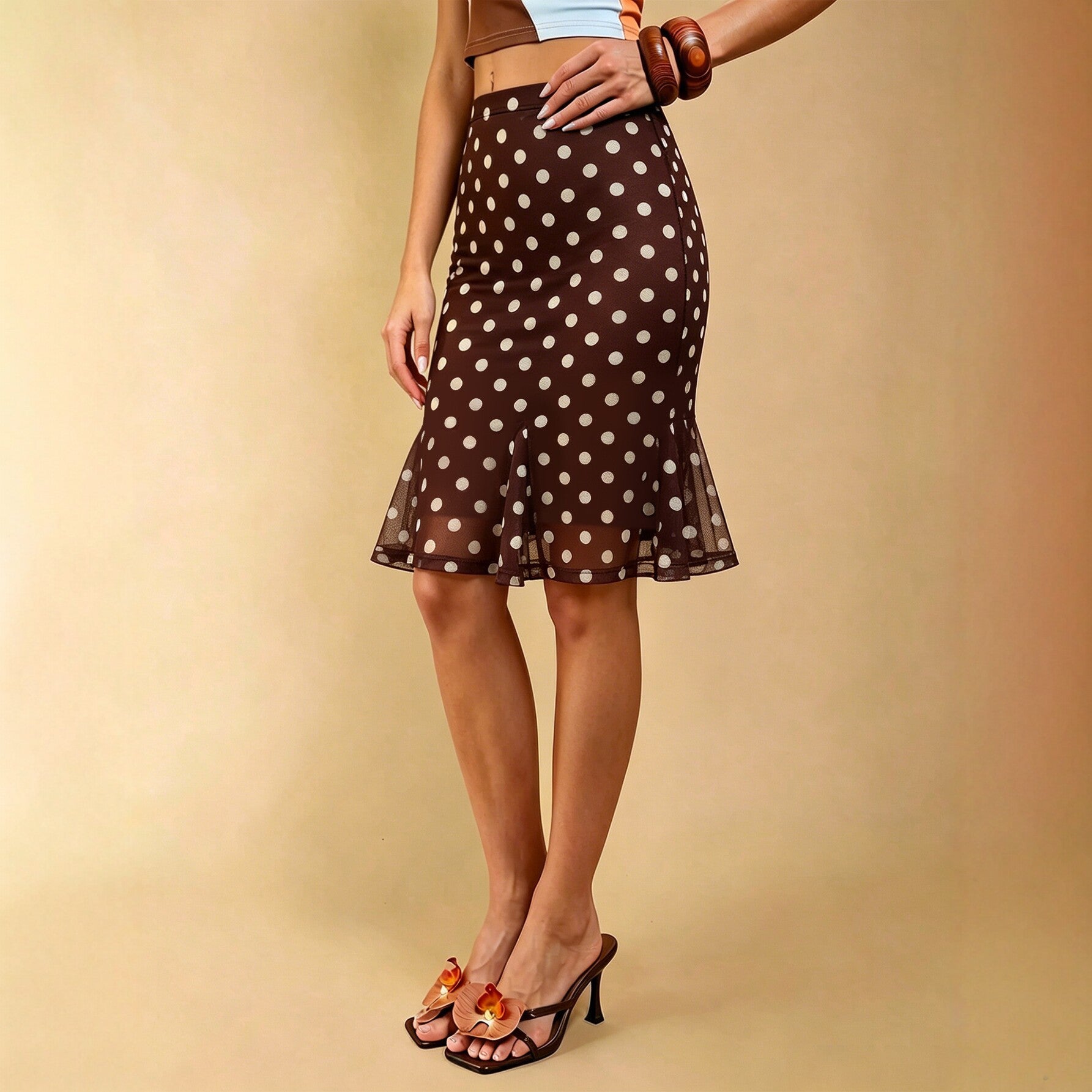 Summer Dot Mesh Fishtail Skirt Retro Ruffled Waist Tight Slimming Skirt Yiskiss
