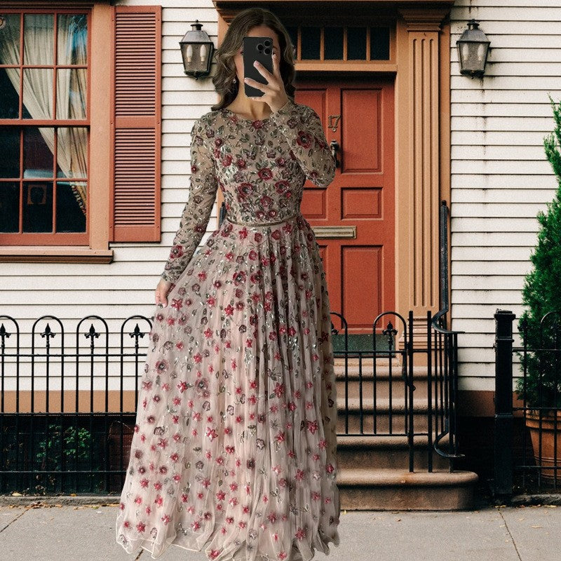 Summer Sexy Slim Fit Slimming Mid Length Long Sleeve Waist Tight Three Dimensional Floral Large Swing Dress SCC