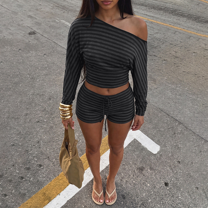 Women Clothing Summer Oblique Shoulder Long Sleeve T shirt Slim Shorts Striped Casual Two Piece Set LEKINS
