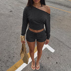 Women Clothing Summer Oblique Shoulder Long Sleeve T shirt Slim Shorts Striped Casual Two Piece Set LEKINS