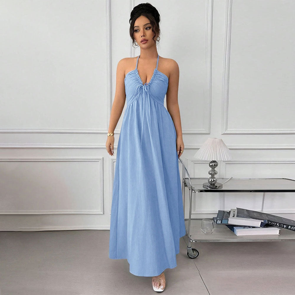 Summer Blue Halter Backless Dress Lace up Waist Slimming Seaside Vacation Gentle Yiskiss