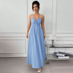 Summer Blue Halter Backless Dress Lace up Waist Slimming Seaside Vacation Gentle Yiskiss