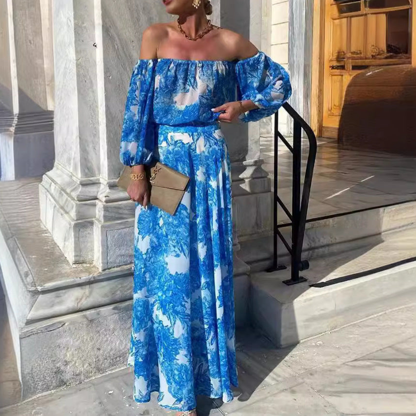 Spring Summer off Shoulder Printing High Waist Elegant Dress Women Havill