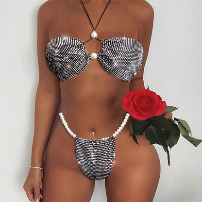 Women Clothes Grid Pearl Shining Diamond Sexy Bikini