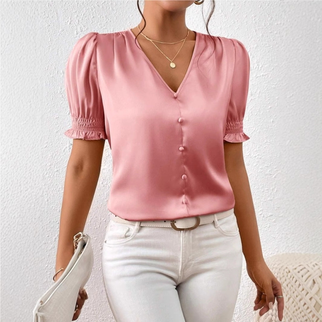 Satin V neck Buttons Shirt Spring Autumn French Casual Short Sleeve Ruffle Blouse