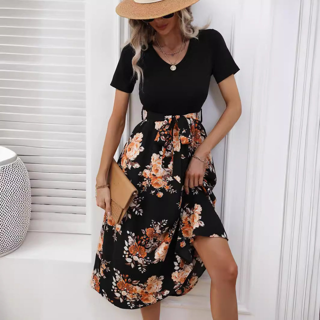 Women Clothing Summer Printed V neck Sexy Mid Length Maxi Dress NEWMELANCE