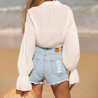 Beach Cover Up Sun Protection Front Lace Up Slub Cotton Shirt Long Sleeve Beach Sun Protection Shirt Women Menara