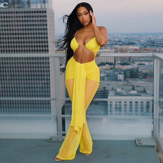 Women Clothing Spring Summer Halter Cropped Outfit Mesh Drawstring Sheer Cutout Ribbon Jumpsuit