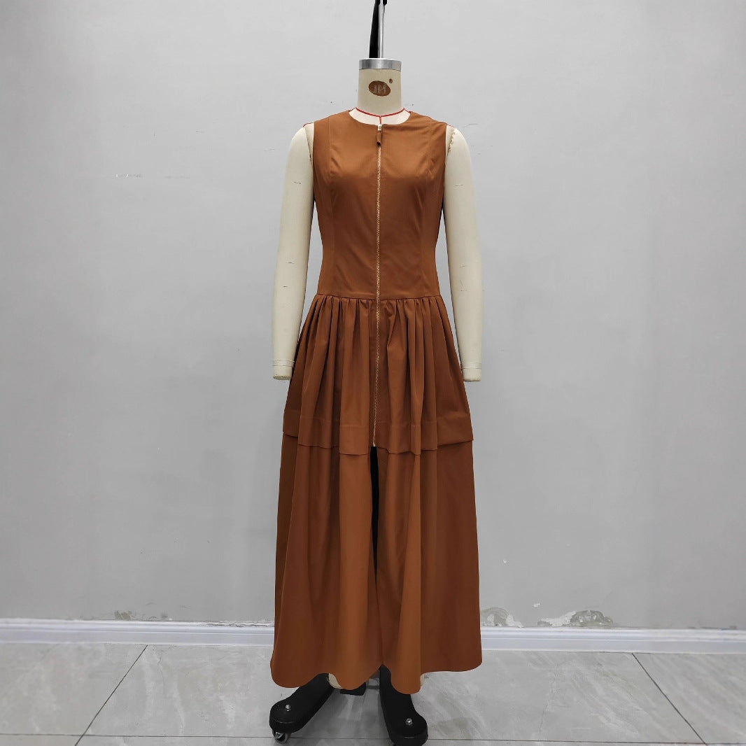 Brown Sleeveless round Neck Front Zipper Design High Waist Big Swing Layered Dress Vacation Rogan