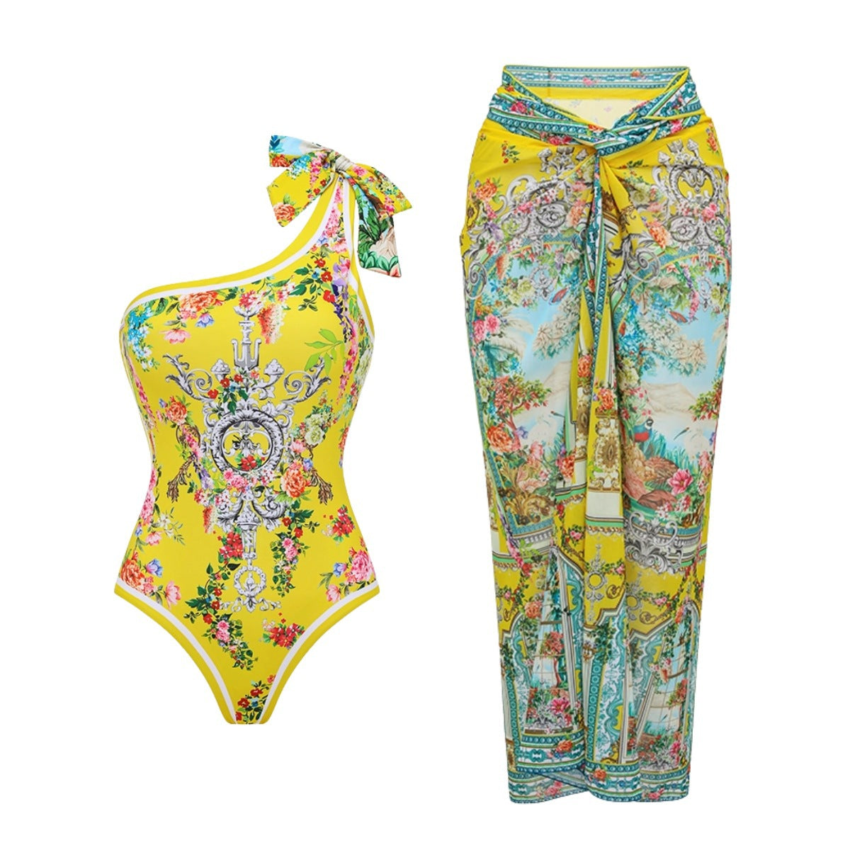 One-Shoulder Swimsuit Wrap Skirt Suit