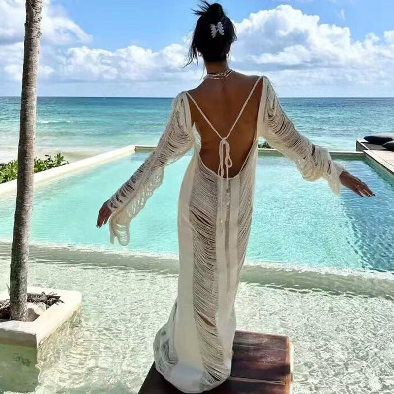 Summer Vacation Beach Dress Sexy Backless Lace Up Hollow Out Cutout Long Sleeve Dress Crochet hook Crochet hook Crochet hook