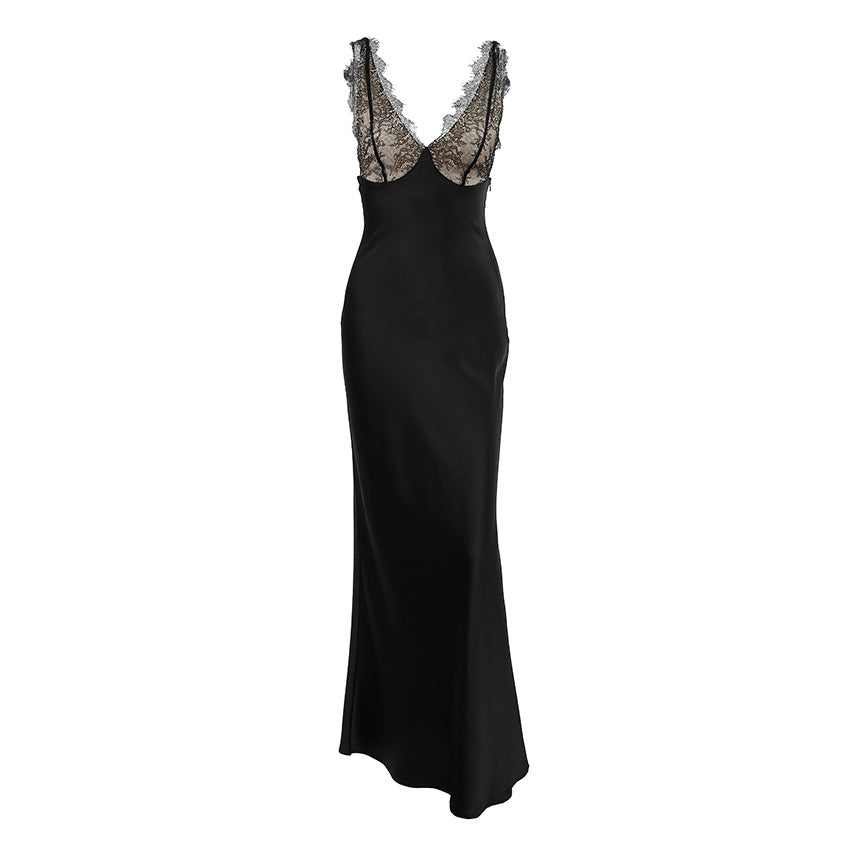 Summer Sexy V neck Lace Stitching Satin Dress Women Slim Fit Maxi Dress FOREVEREIGHTEEN