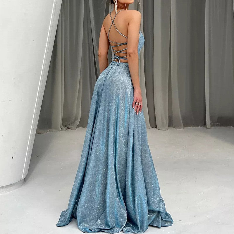 Robe de soirée cocktail sexy à paillettes, dos nu et fente, à bretelles pour femme