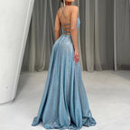 Robe de soirée cocktail sexy à paillettes, dos nu et fente, à bretelles pour femme