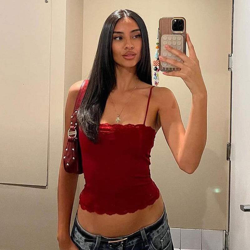 Summer Sexy Lace Spaghetti Strap Top Skinny Short Tube Top Sexy Basic All Matching Vest LingSharp