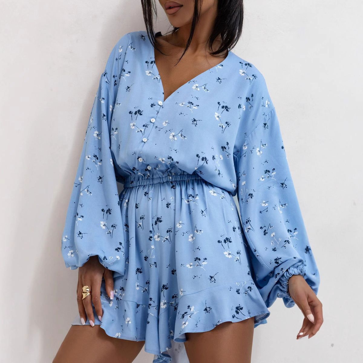 Combinaison short à volants et col en V pour femme, imprimé, manches longues, taille haute