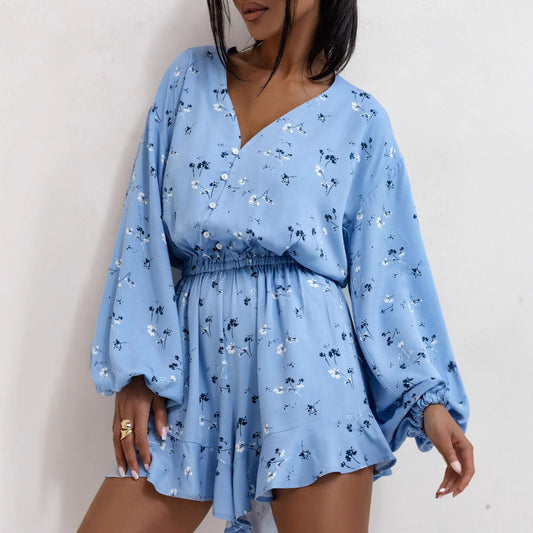 Women Clothing Summer V neck Printed Long Sleeve Waist Trimming Ruffles Shorts Jumpsuit