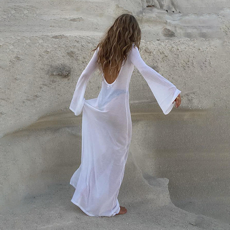 Summer Sexy Backless Long Sleeves See through Mesh Dress PASTO