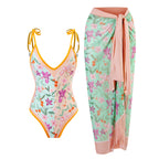 Retro Two Sided One Piece Swimsuit Women Strap Conservative Swimwear Bikini Mesh Maxi Dress