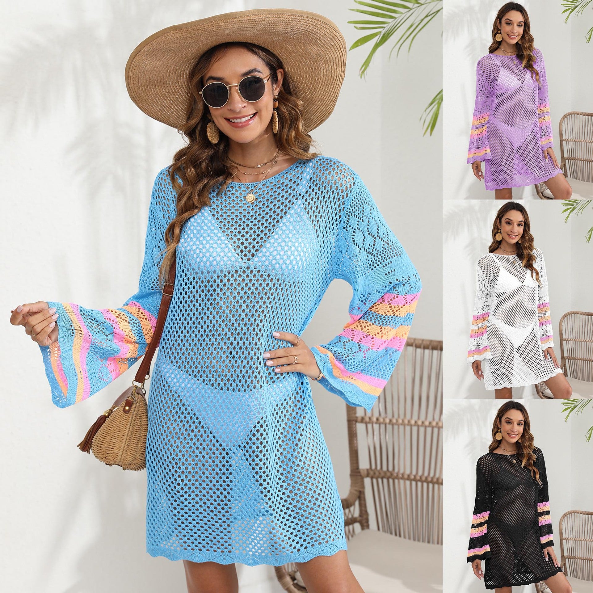 Blusa playera para mujer, ropa de playa, vestido de bikini con parches en contraste de colores