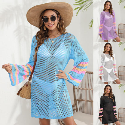 Women Beach Vacation Blouse Women's Clothing Color Contrast Patchwork Bikini Cover up Dress