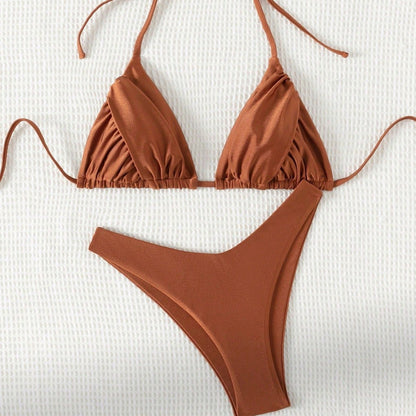 Traje de baño de color sólido sexy de pierna alta bikini con tirantes halter dividido traje de baño para mujer
