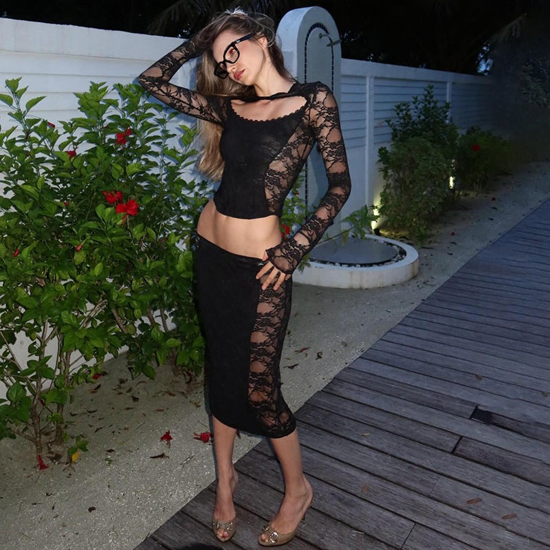 Summer Women Clothing Sexy Lace Cutout Long Sleeved Vest Low Waist Slim Skirt Set for Women YIMAIL