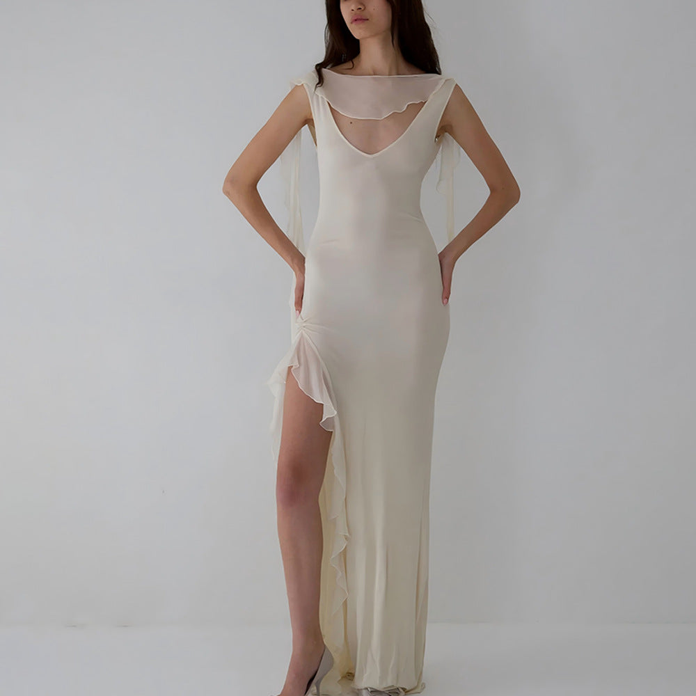 Summer Elegant Ribbon Women Dress Sexy Backless High Slit Ruffled Slim Dress