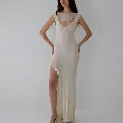 Summer Elegant Ribbon Women Dress Sexy Backless High Slit Ruffled Slim Dress