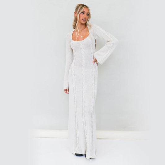 Knitted Sexy Backless Dress Women Clothing Twist Long Sleeve Slim Figure Flattering Outerwear Dress Crochet hook