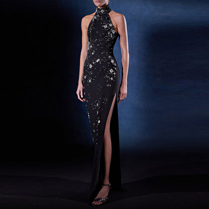 Heavy Industry Three Dimensional Beads Rhinestones Stretch Halter Maxi Dress Maxi Dress