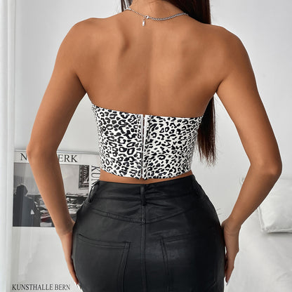 Sexy Leopard Print Wild Low Cut Leather Tube Top Sexy Breasted Boning Corset Cinched Waist Waistcoat