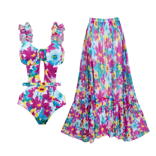 Traje de baño conservador siamés con estampado ahuecado y falda cruzada de malla recortada.