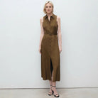 Summer Split Maxi Dress V neck Sleeveless Solid Color Waist Tight Dress Shirt Dress Simple Office Rogan