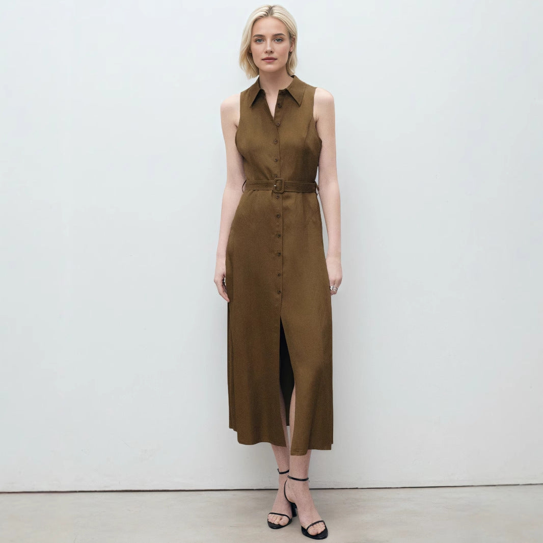 Summer Split Maxi Dress V neck Sleeveless Solid Color Waist Tight Dress Shirt Dress Simple Office Rogan