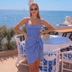 Korean Blue White Plaid Square Collar Pleating One Piece Swimsuit Women Two Piece Set Spring Vacation Swimsuit Set ShineRealm