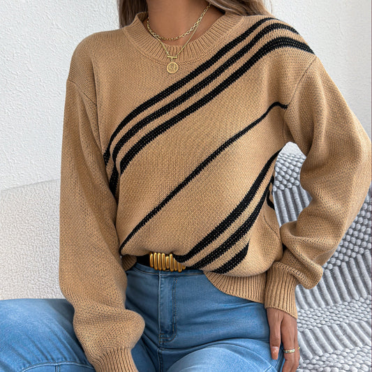 Women Clothing Autumn Winter Casual Striped round Neck Lantern Long Sleeve Pullover