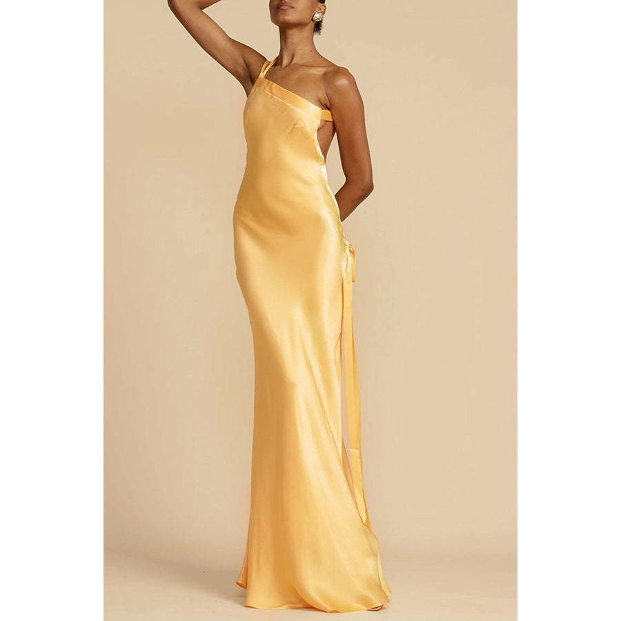 Spring Summer Party Slim Fit Oblique Shoulder Dress Casual Satin Dress Oyrina