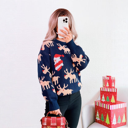 Christmas Contrast Color Deer Sweater Crew Neck Casual Loose Year Knitted Top