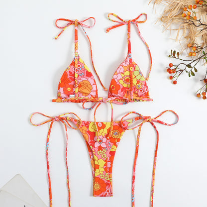 Traje de baño de bikini triangular sexy para mujer con cordones y estampado dúplex dividido